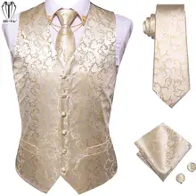 Oi tie coletes de seda dos homens bege floral jacquard colete gravata lenço abotoaduras colar de ouro conjunto de pinos para vestido de casamento terno (2)