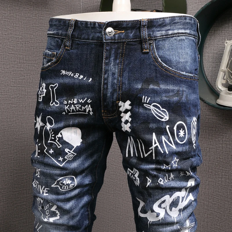 Fashion Streetwear Men Jeans Retro Blue Stretch Slim Ripped Jeans Men Punk Trousers Printed Designer Hip Hop Brand Pants Hombre