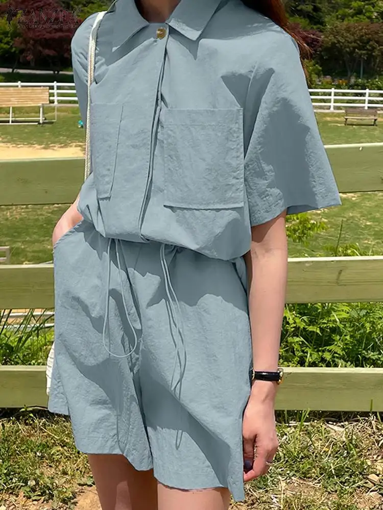 

Комбинезон ZANZEA женский с коротким рукавом, Модный повседневный свободный однотонный ромпер с карманами и кулиской, лето 2023