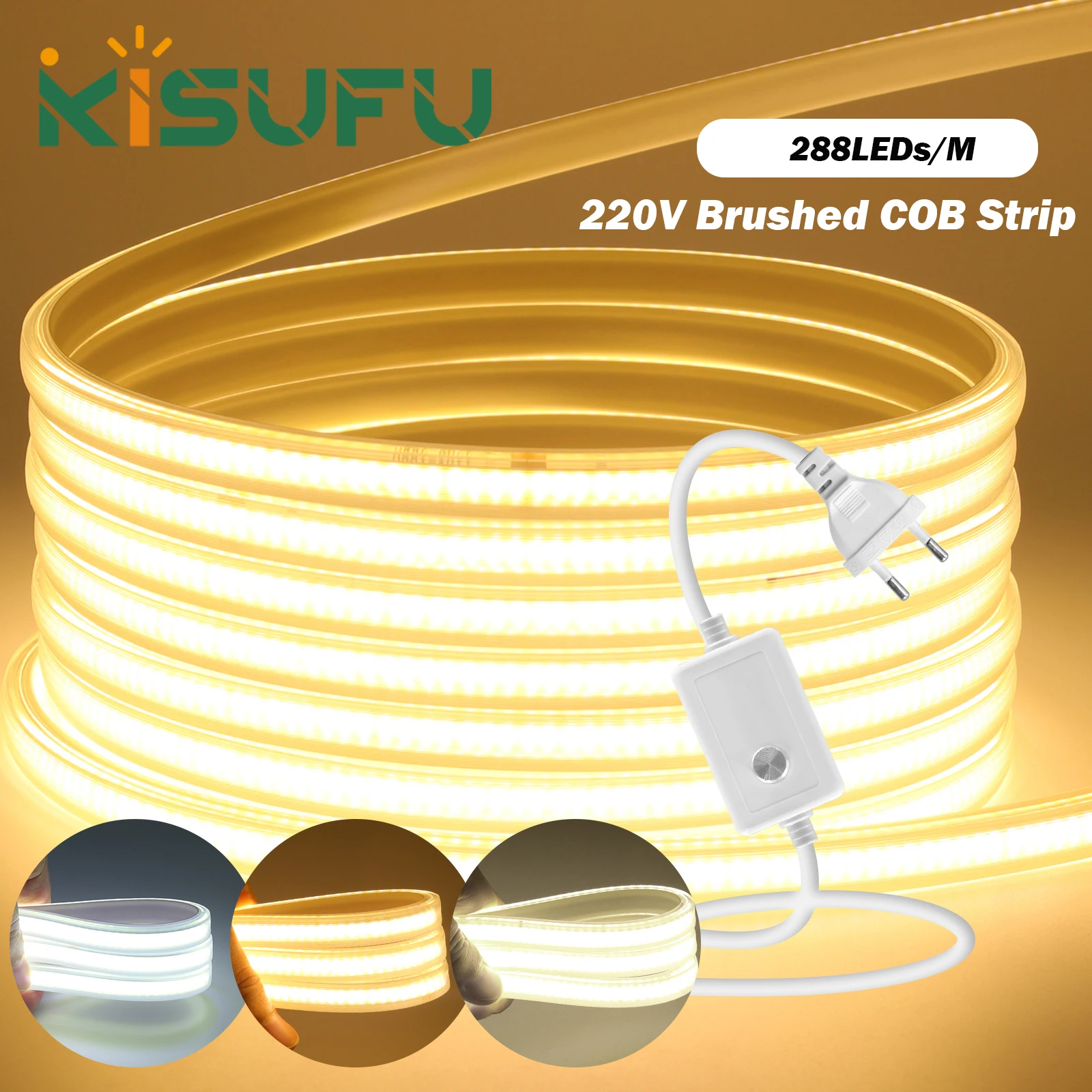 Striscia LED COB dimmerabile 220V impermeabile con interruttore/dimmer Spina UE Non è necessaria il driver 288 LED/M Nastro flessibile Decorazioni per il giardino di casa 1-35M