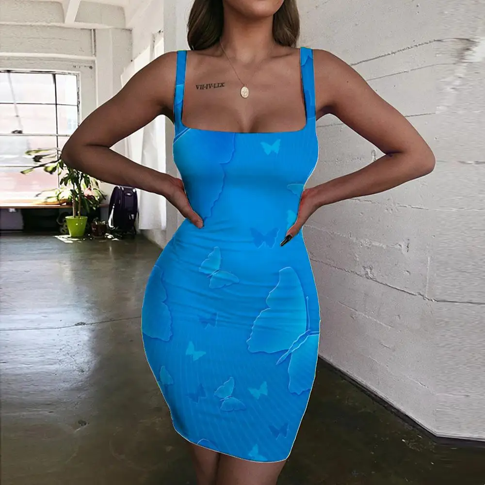 

Giyu Brand Butterfly Dresses Women Animal Sundress Blue Halter Sleeveless Romantic Vestido Sexy Womens Clothing Mini Evening