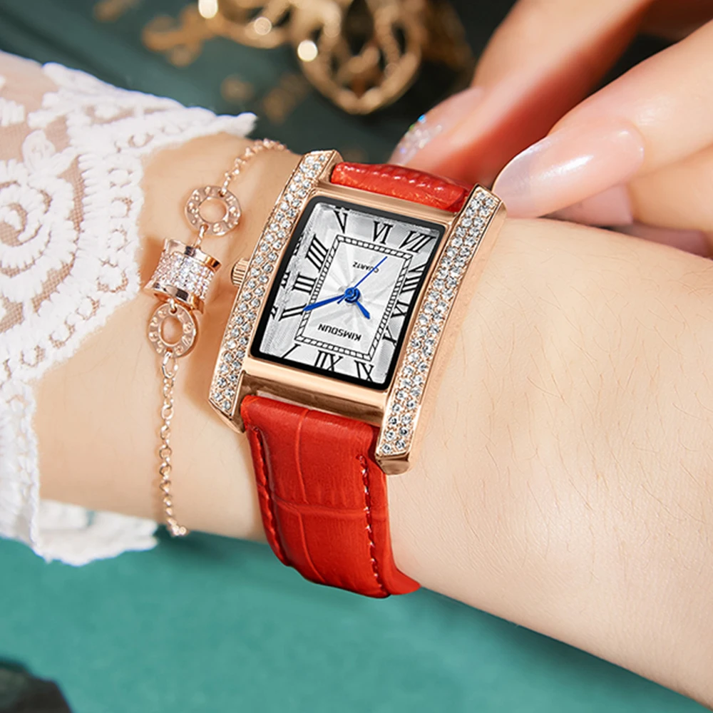 Фото Часы женские кварцевые с бриллиантами водонепроницаемые кожаным ремешком |