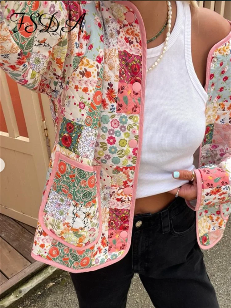 

FSDA Printed Single Button Long Sleeve Coat Women Autumn Winter Fashion Jacket Warm Female V Neck Cotton Coat Streetwear New