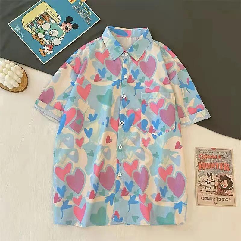 

Korean Fashion Summer Shirt Women Blouses Short Sleeve Love Full Printed Single Breasted Casual Japanese Shirt Summer