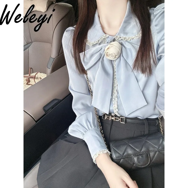 Темпераментная рубашка с бантом и камелией топ Ropa Mujer весенне-осенняя уличная