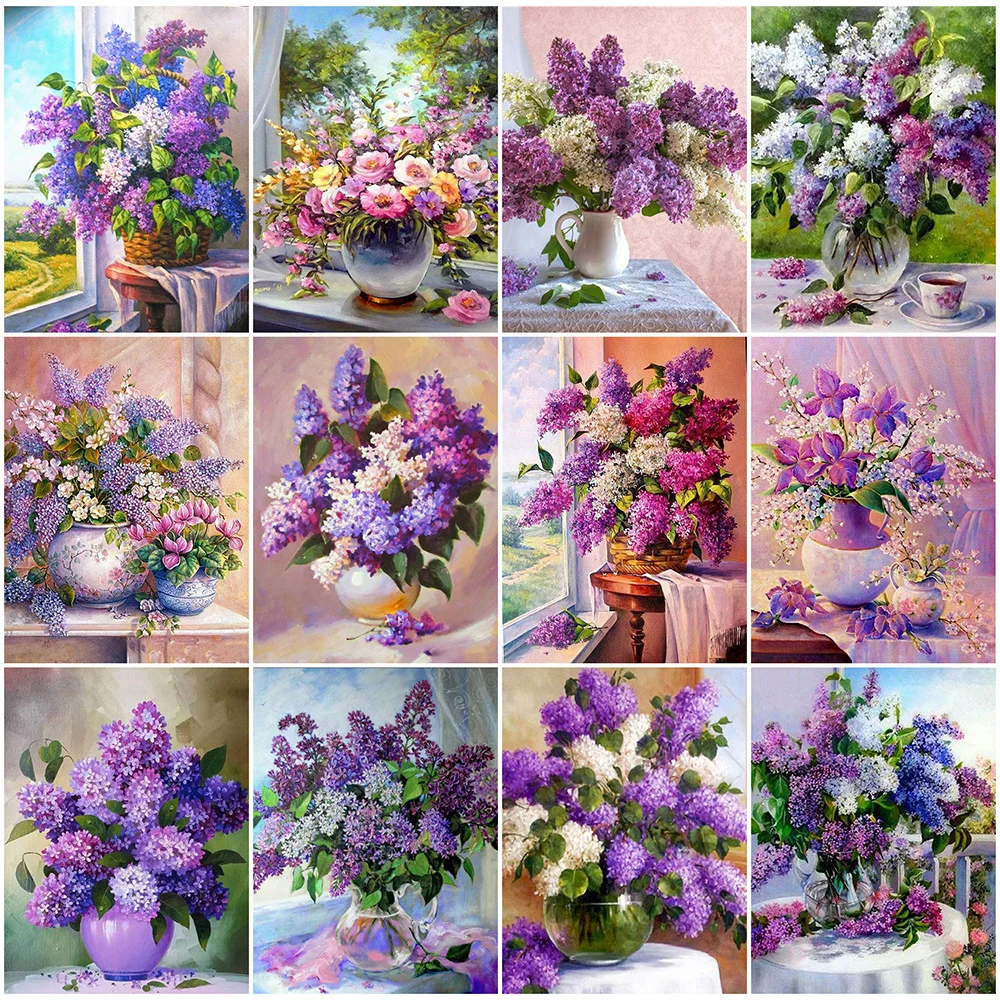 

MAXMPUP 5D Diamond Embroidery Flower Cross Stitch Kits Diamond Mosaic Lilac Full Round Art Painting Vase Rhinestones Handicraft