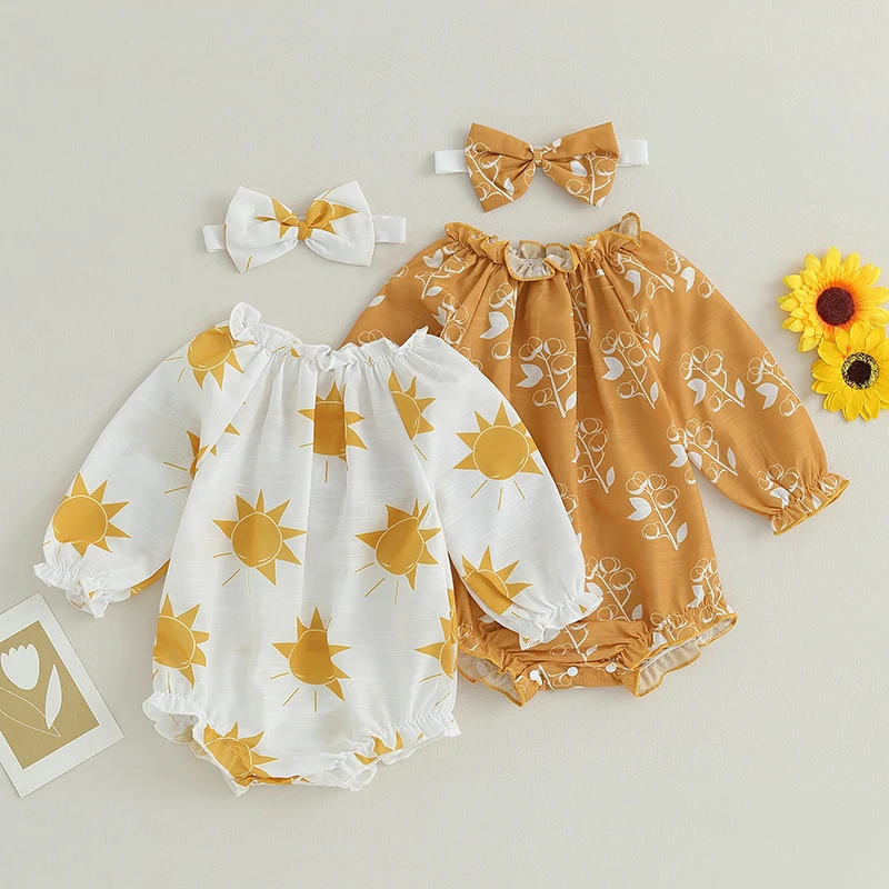 

2023-07-10 Lioraitiin 0-12M Infant Baby Girl 2Pcs Fall Outfits Long Sleeve Cherry/Sun Print Frill Bodysuit with Headband Set