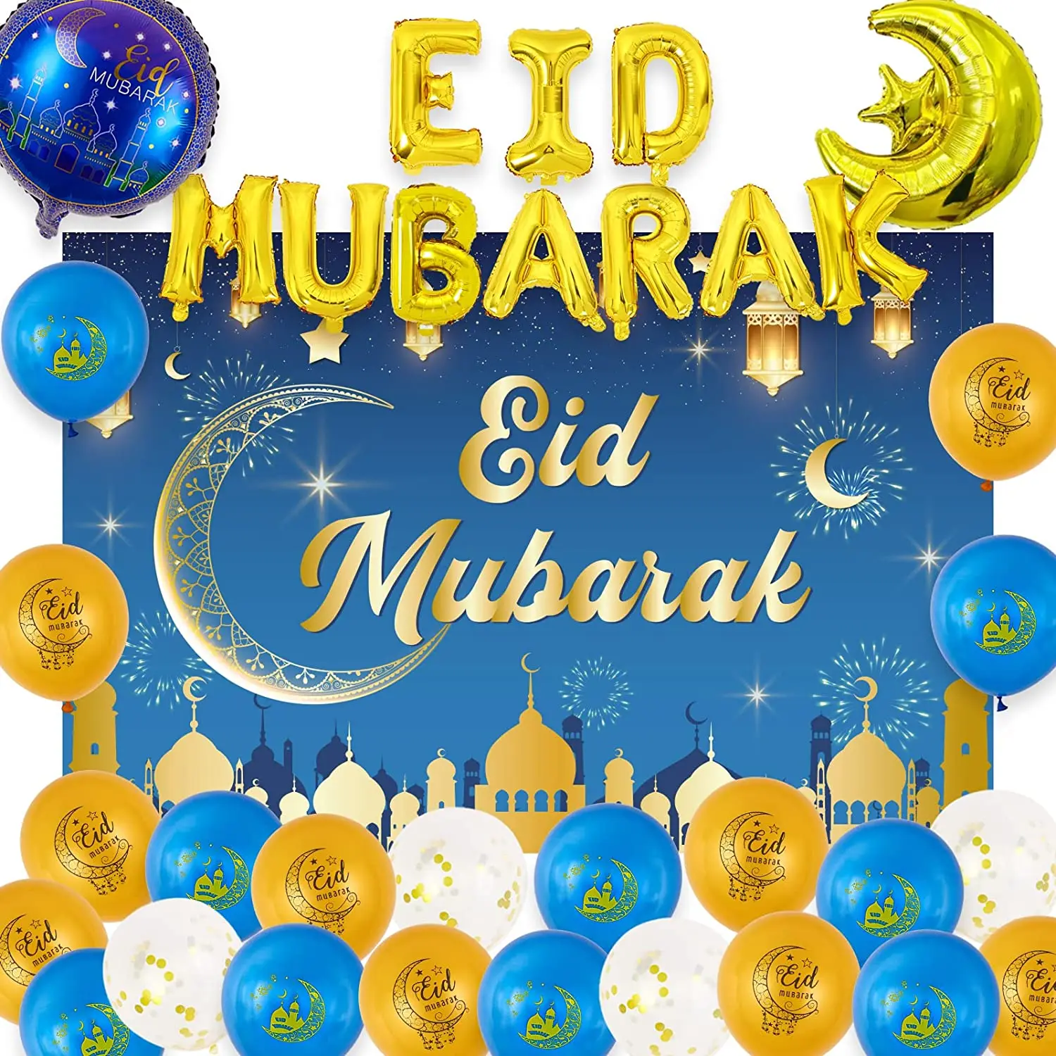 

JOYMEMO Eid Al-Fitr Decorations Eid Mubarak Moon Balloons Banner Blue Gold Backdrop Muslim Islamic Ramadan Kareem Party Decor