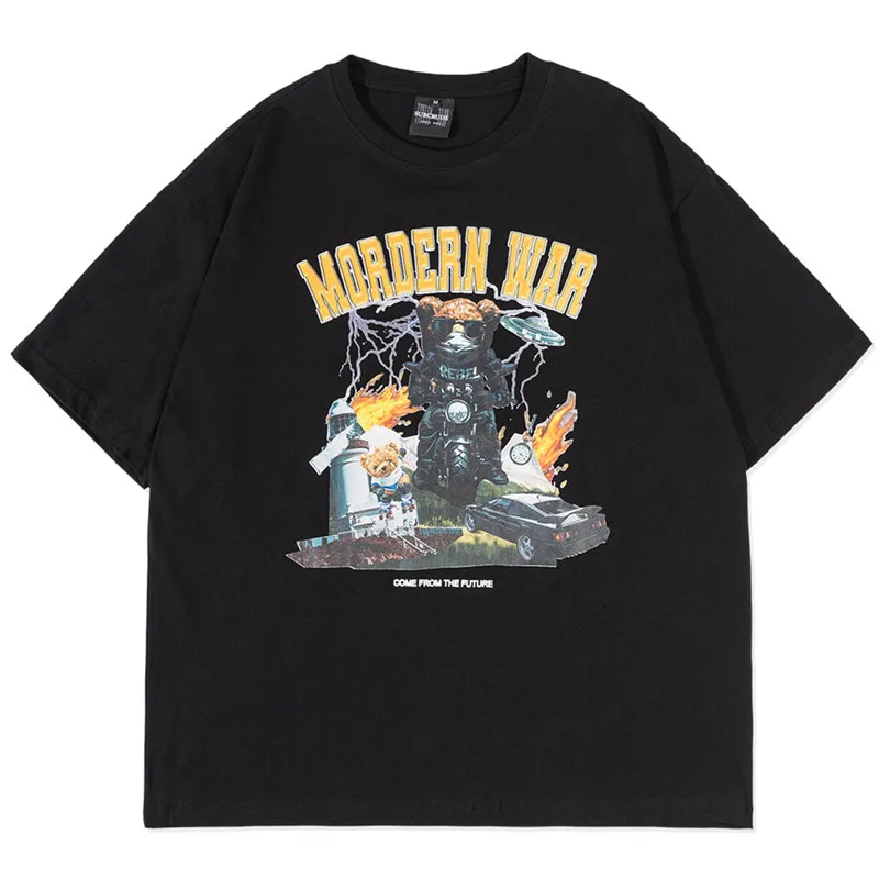 

Hip Hop Streetwear Men T Shirt Car Bear Spaceship cartoon Printed T-shirt 2022 Summer Harajuku Punk Cotton Short Sleeve Tops Tee