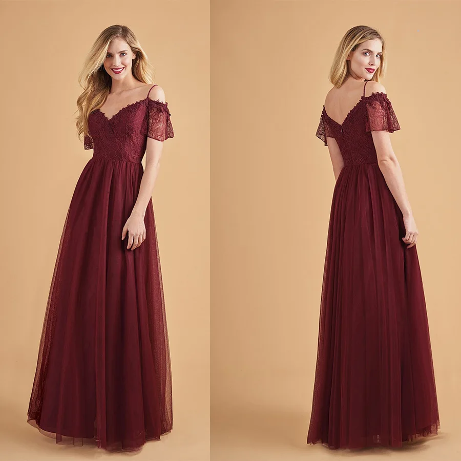 

Lace Layered Long Dress Women Lace Floral Off Shoulder Strap Backless Evening Party Dresses Elegant Female Wine Red A-Line Dress