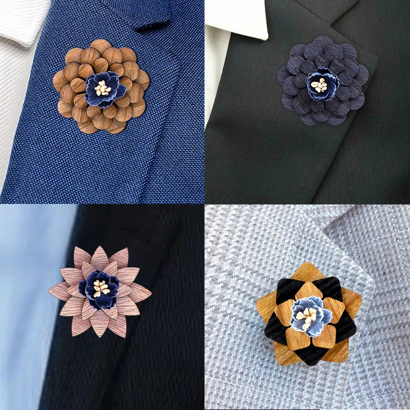

Wood Brooch for Mens Suits Flowers Brooches Handmade Women Lapel Flower Stick Pin Badge Hat Boutonniere Corsage