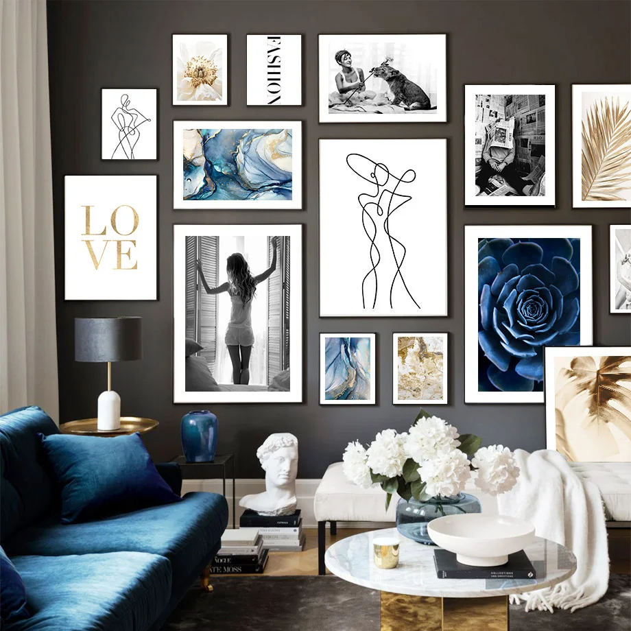 

Постеры с золотыми листьями для женщин, Настенная картина под мрамор, чёрный белый, на холсте, скандинавские плакаты и принты для украшения ...