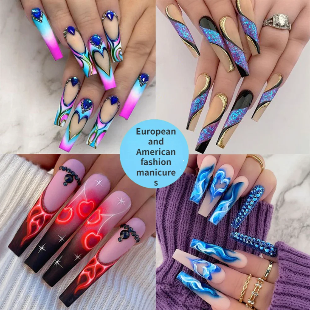 

Cross Border European and American Nail Patches In The Style of Wearing Armor, Long Flame Love Fake Nail Patches, Press on Nails