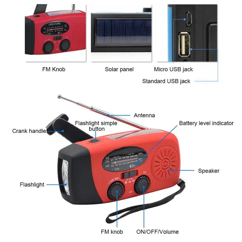 weather radio telescopic antenna hand crank solar rechargeable ipx3 outdoor led flashlight speaker emergency phone charger free global shipping