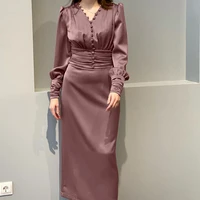 ladies satin high waisted dress temperament v neck waist slim fit single breasted elegant long skirt tight fitting party robe