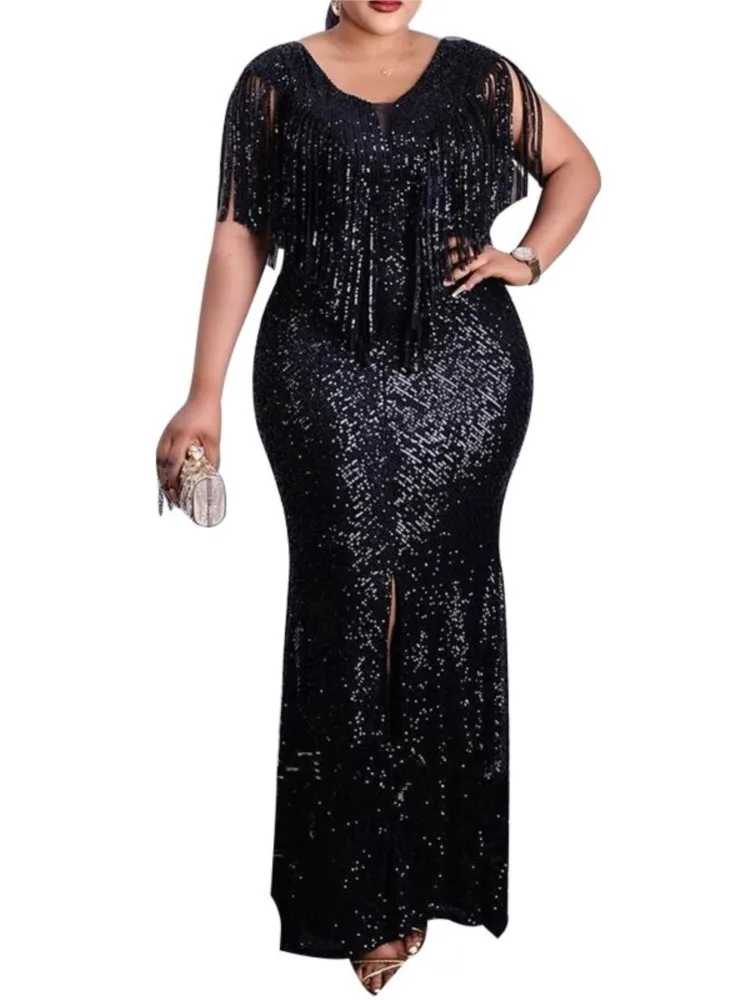 

Black African Dresses For Women Sexy Sequined Fringe Party Long Evening Dress Stretch Fishtail Maxi Dresses Ankara Robes Summer
