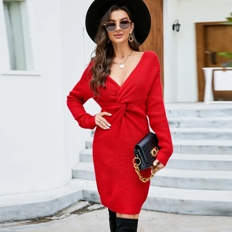 

Sweater Dress for Women Autumn and Winter Fashion Casual Sexy Wrap Hip Long Sleeve Dress Knit Solid Woman Sweater Pullover Dress