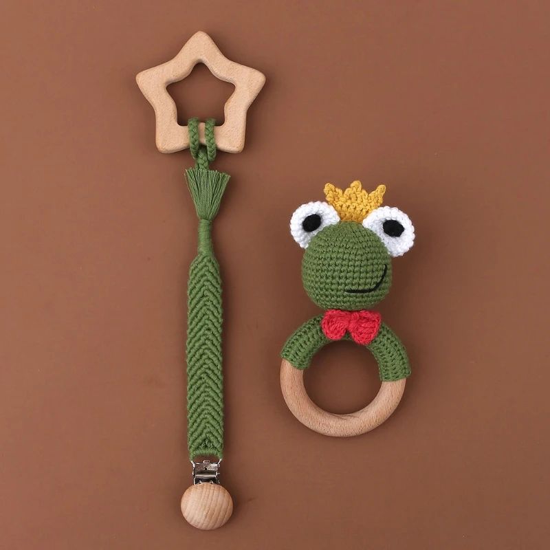 

3 Pcs/Set Baby Pacifier Chain Clip Crochet Frog Rattle Beech Teether Soother Molar Comfort Toys Wooden Teething Ring