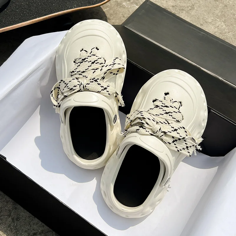 

2023 New Fashion Trend EVA Hole Shoes Thick Sole Laces Versatile Couple Wear Two Non slip Casual Outdoor Beach Half Slippers