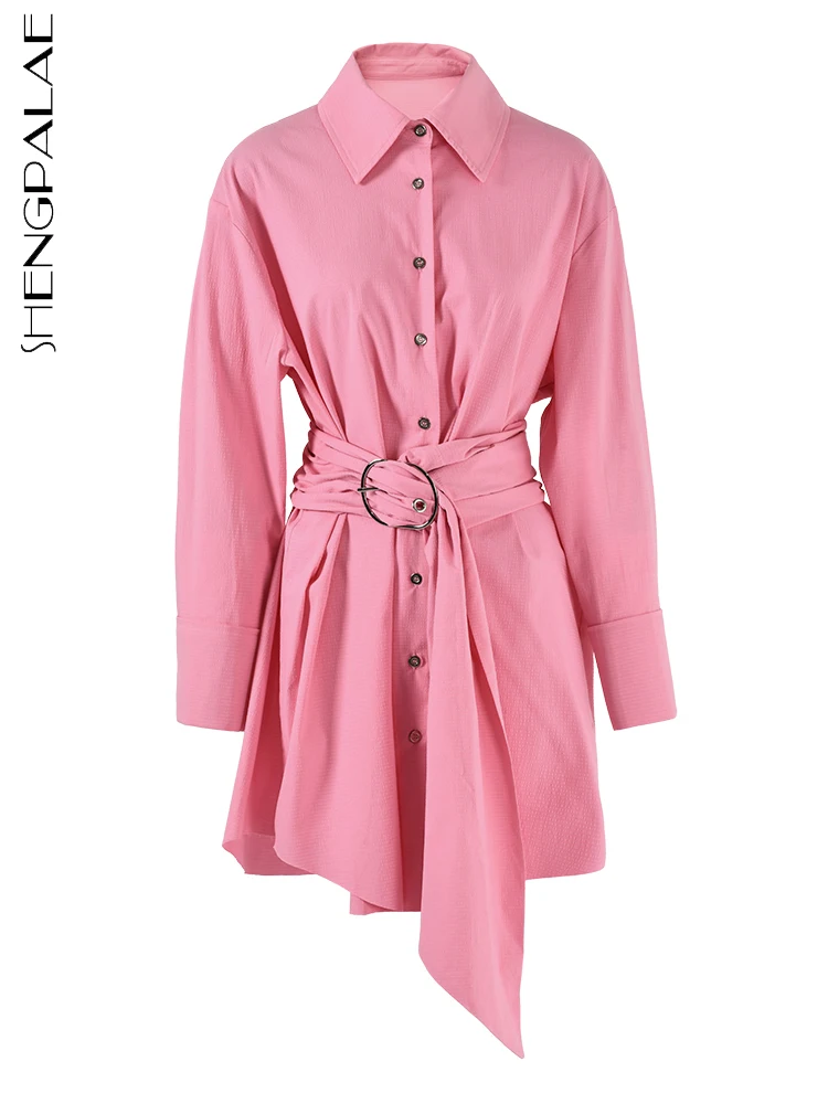 

SHENGPALAE Fashion Women's Shirt Dress Lapel Single Breasted Long Sleeve Metal Buckle Belt Pink Mini Dresses 2023 Summer 17A8582