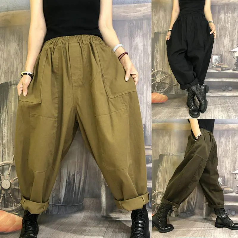 

2022 Spring New Arts Style Women Elastic Waist Loose Pants Femme Trousers all-matched Casual Solid Harem Pants Big Size V685