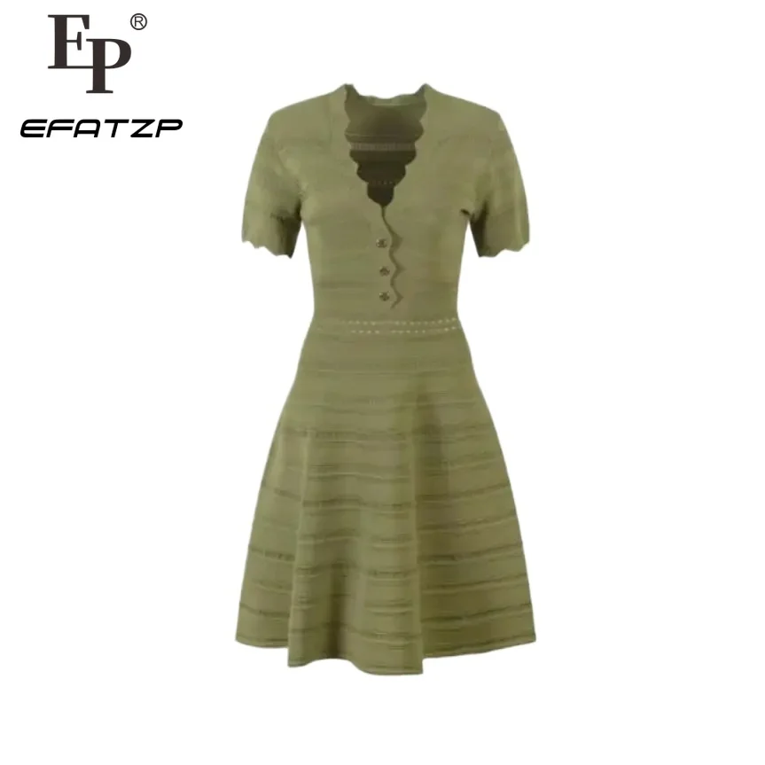 Элегантное однотонное платье с v-образным вырезом лето 2024 новые женские модные