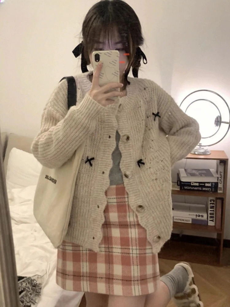 

Cardigan Women Vintage Sweet Girls Bandage Autumn Ruffled Collar Simple Solid Trendy Korean Style Design Leisure All-match Soft