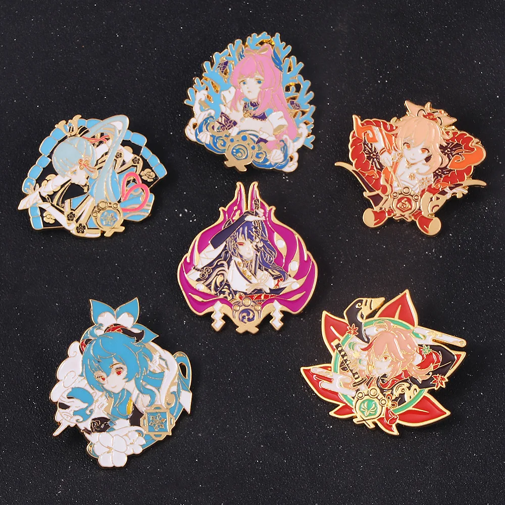 

Genshin Impact Naganohara Yoimiya Kaedehara Kazuha Kamisato Ayaka Sangonomiya Kokomi Beelzebul Metal Enamel Badge Brooch Pin