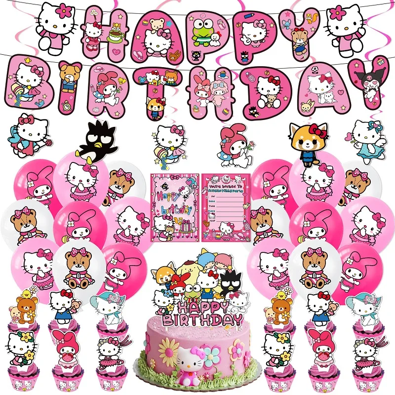 

Kawaii Anime KT cat Theme Birthday Party Decoration Sanrio Hello Kitty Festive Party Supplies Set Banner Balloons Cupcake Topper