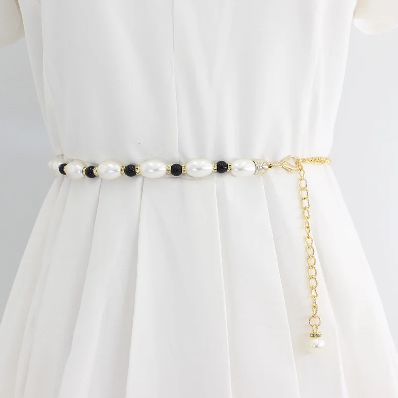 Spring Summer Women's Simple Dress Decoration Waist Belt Matching Suit Skirt Unique Rhinestone Inlaid Pearl Chain