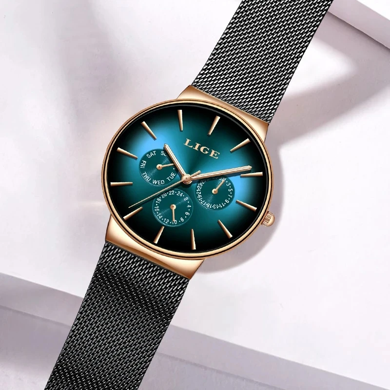 LIGE New Watch for Women Wrist Watches Fashion Stainless Steel Brand Watches Ladies Quartz Watch Date Week Clock Reloj Mujer+Box