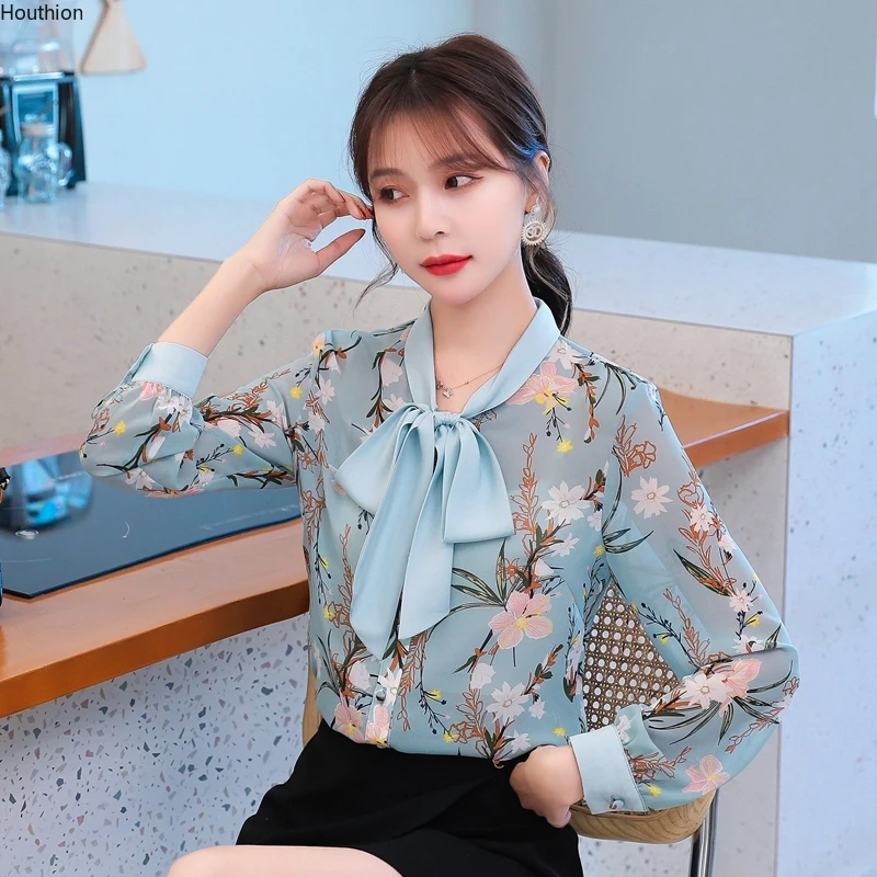 

Houthion New Blouse Fashion Long sleeve Tops Summer Chiffon Dropshipping Printing Bow Casual V-neck Shirt