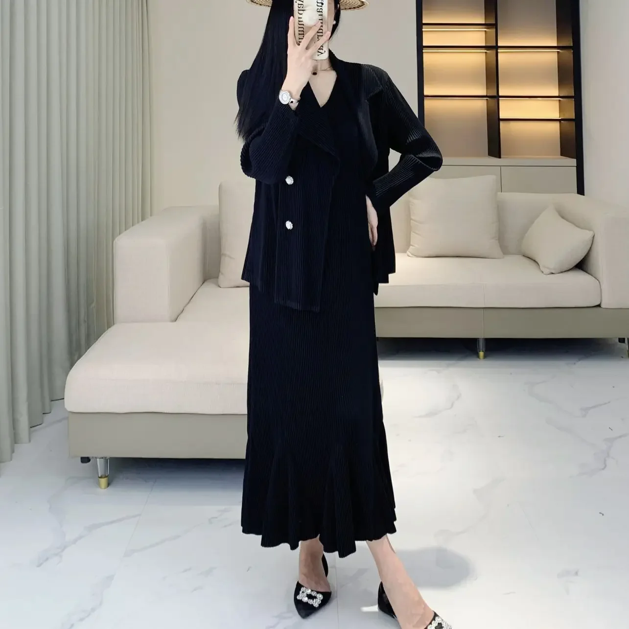 Плиссированный женский осенний Новый Модный Блейзер и юбка рыбий хвост комплект