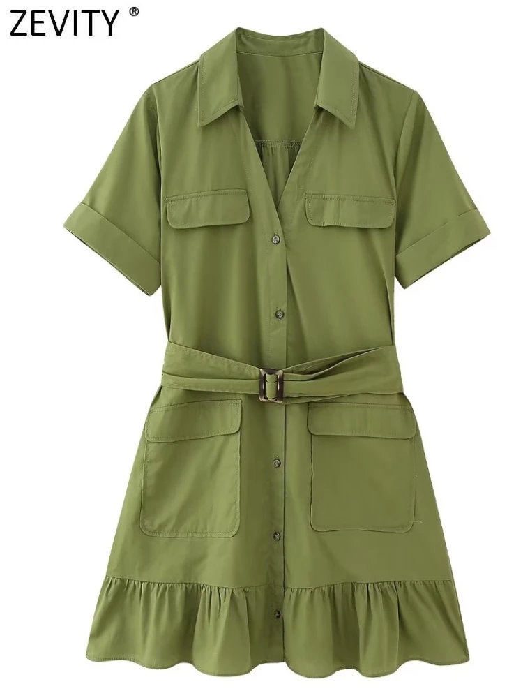 

Zevity New Women Fashion Pockets Patch Solid Hem Ruffles Sashes Mini Shirt Dress Female Chic Short Sleeve Poplin Vestidos DS4156