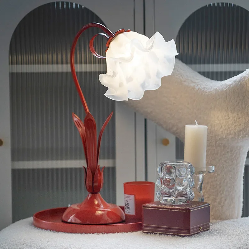 

Modern Gift Red Festive Bedside Table Lamp Lace Flower Everlasting Led Desk Lights for Bedroom Study Room Warm Romantic Fixture