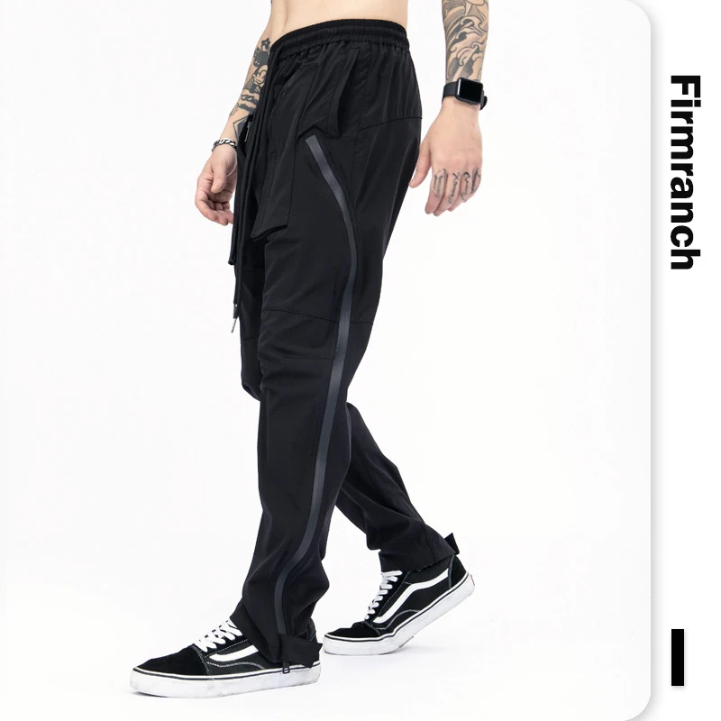 

Firmranch Vibe High Street 2021 Autumn Elastic waist Zipper Archive Fashion Black Casual Trousers ins Big Pockets Cargo Pants