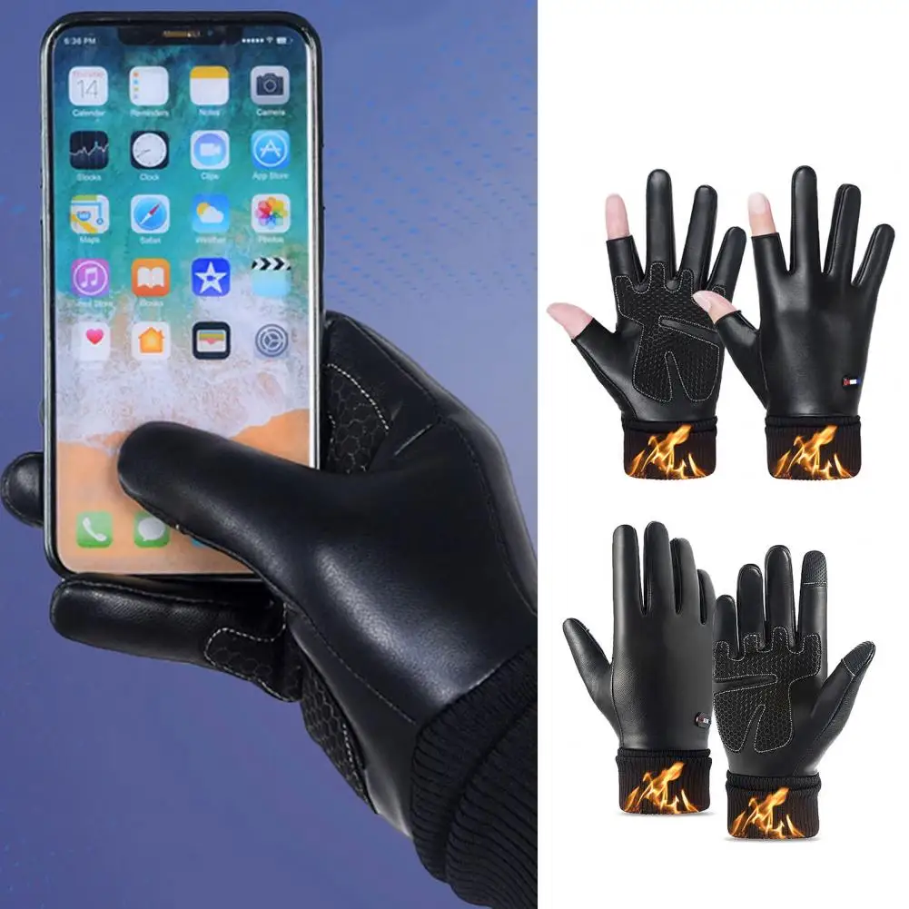 

1Pair Cycling Gloves Touchscreen Plush Lining Thickened Waterproof Keep Warm Faux Leather Windproof Winter Men Women Motorcycle