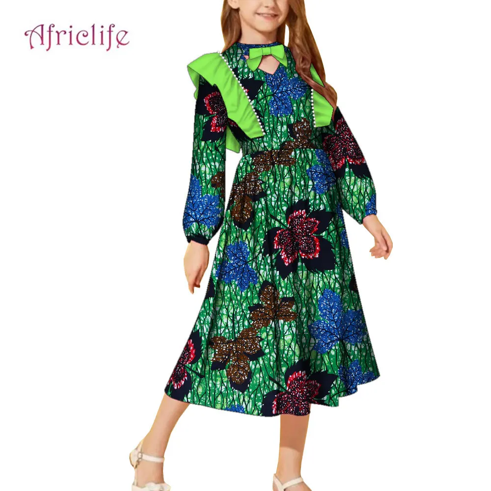 

African Kids Clothes Butterfly Collar Patchwork Skirt Pleated With Petal Sleeve Mid-Calf Dress For Girl Plus Size Custom WYT603