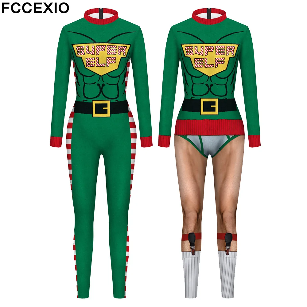 

FCCEXIO Unisex Christmas 3D Print Cosplay Costume Sexy Green Jumpsuit Bodysuit Adult Carnival Xmas Party Clothing monos mujer