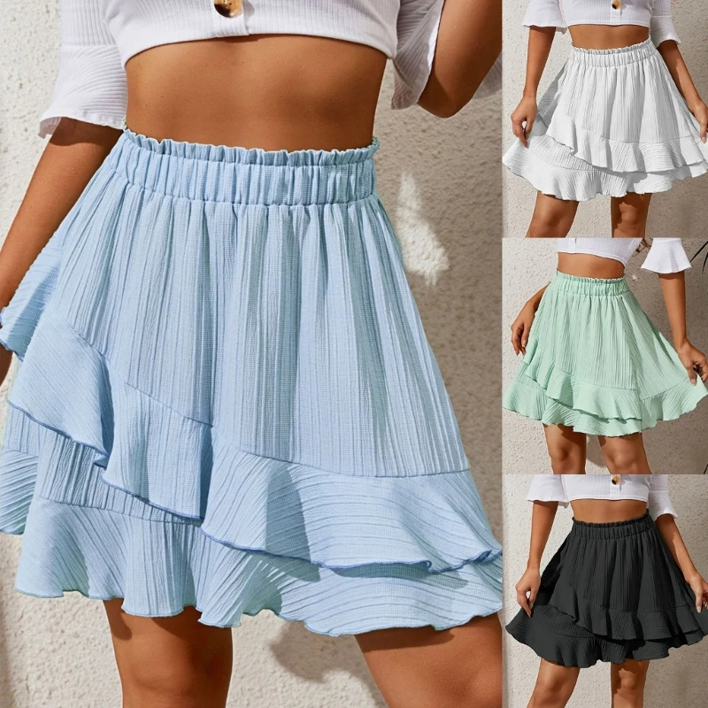 

Elastic High waist Half Dress Ruffle Lace Pleated Skirt Women Solid Color Casual Short A-Line Skirt f