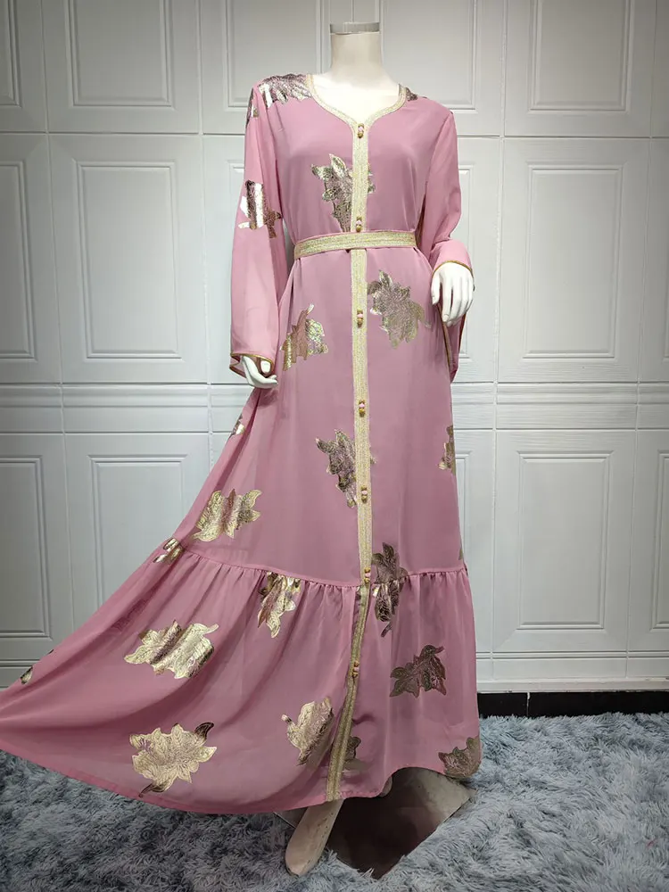 Arabian Kaftan Evening Long Dress Women Gold Stamping Chiffon Moroccan Caftan Dubai Saudi Gulf Jalabiya Muslim Party Abaya 2022