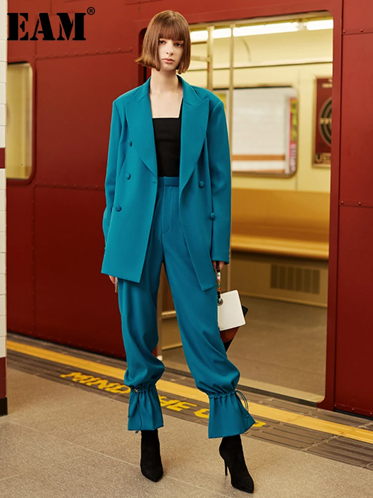 

[EAM] широкие длинные брюки костюм из двух предметов Новый LapelLong рукав черный свободный крой Женская мода весна осень 2022 1H834