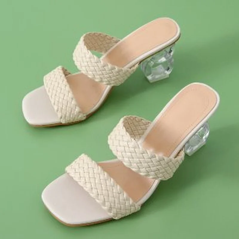 

2021 New Summer Women's Flip Flops Women Mules Design Slippers Sandal Slides Braided 7cm Transparent Fretwork Heels Women Shoes