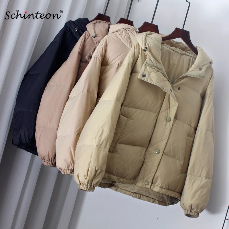 

Schinteon Women White Duck Down Jacket 2022 New Autumn Winter Warm Casual Over Size Outwear with Hood Korean Style Coat