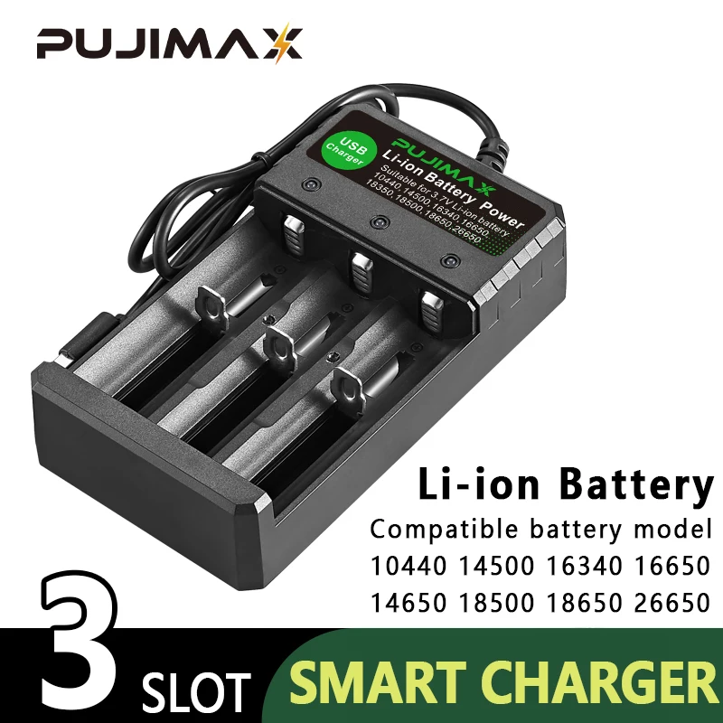 

Зарядное устройство PUJIMAX с 3 слотами 18650, литий-ионная батарея, независимая зарядка через USB, портативное электронное зарядное устройство 18650 18500 16340 14500 26650