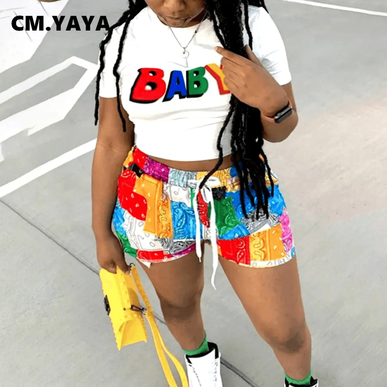 

Женский спортивный костюм-двойка CM.YAYA Active, летний комплект из двух предметов, футболка и шорты-бандана, спортивный костюм, 2022