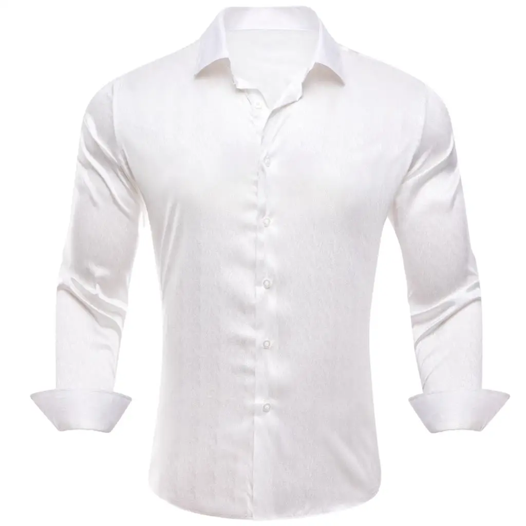 

Designer Shirts for Men Silk Satin White Solid Plain Long Sleeve Slim Male Blouse Casual Formal Tops Breathable Barry Wang