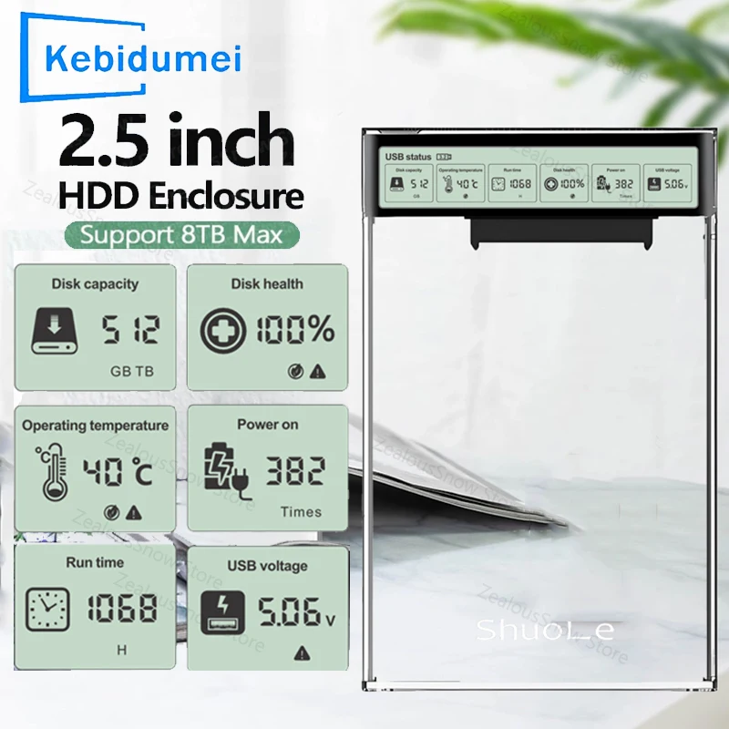 Фото Чехол для жесткого диска с умным дисплеем, 2,5 дюйма, SSD-накопитель USB3.2 Gen2, прозрачный внешний корпус для жесткого диска с жестким диском 5 Гбит/с, портативный чехол для хранения ноутбука №1