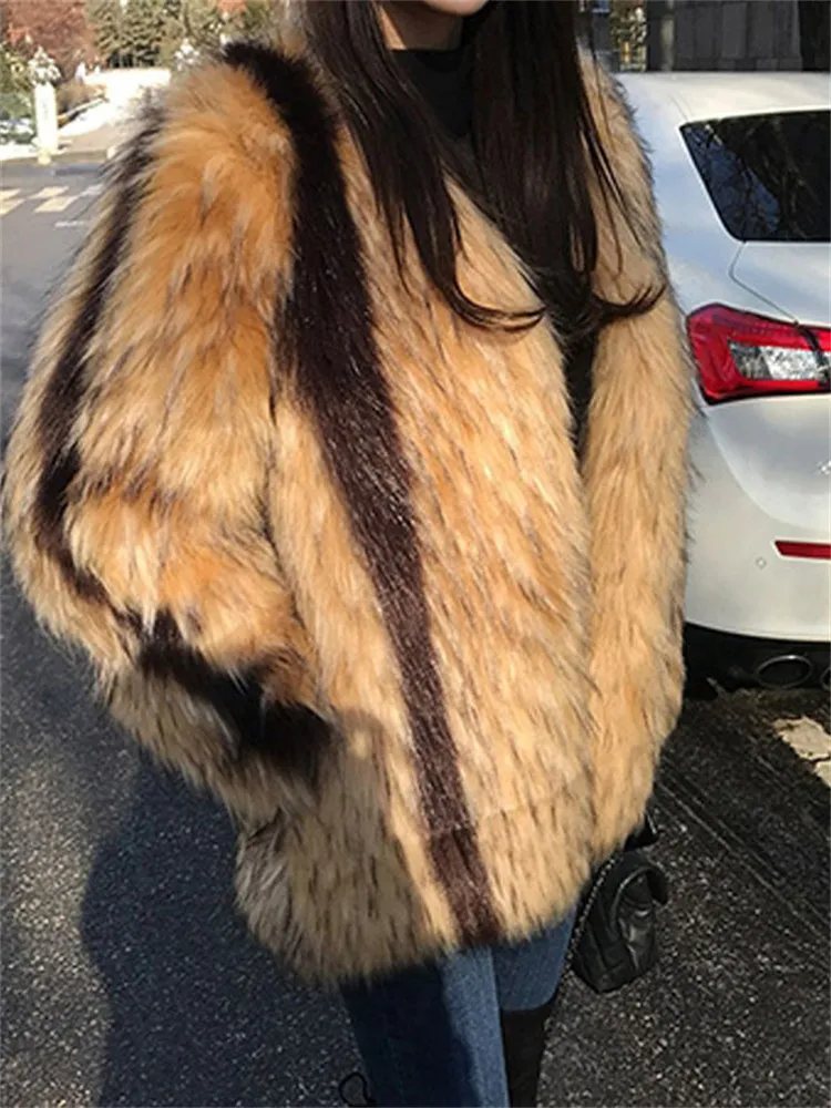 Faux Fox Fur Marbled Coat Women Mid-length Trendy Mixed Color Imitation Raccoon Fur Jacket Winter Thick Warm Outer Wear N1517