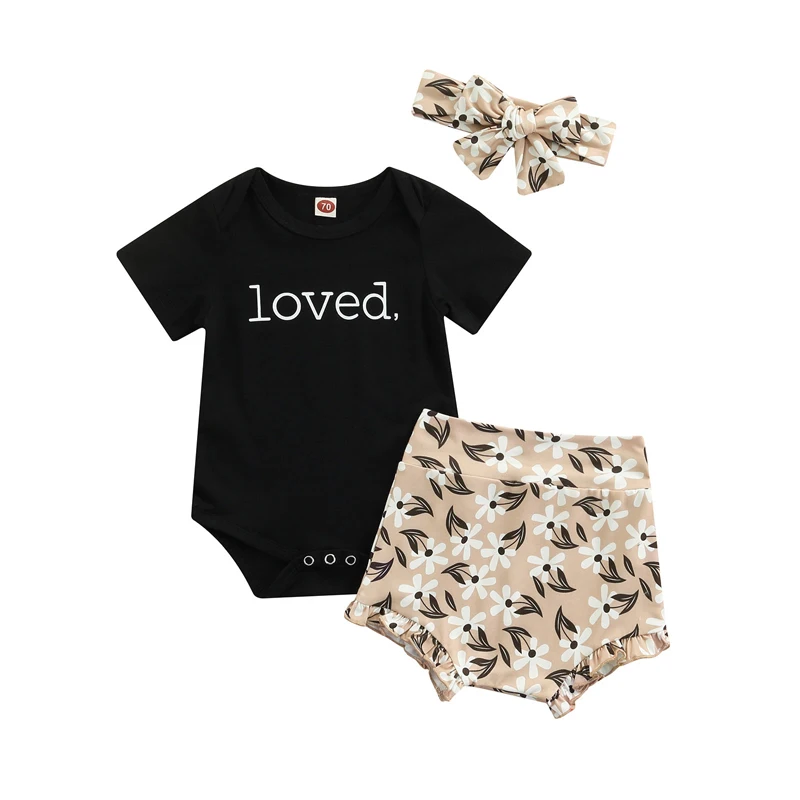 

Newborn Baby Girls Letter Print Romper Infant Girls Summer Knit Short Sleeve Bodysuit Daisy Shorts Pants 3Pcs Outfits